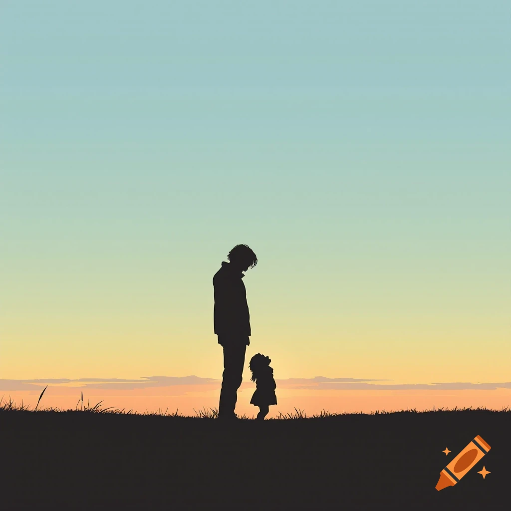 Silhouette illustration of an adult and child standing on a grassy hill at sunset