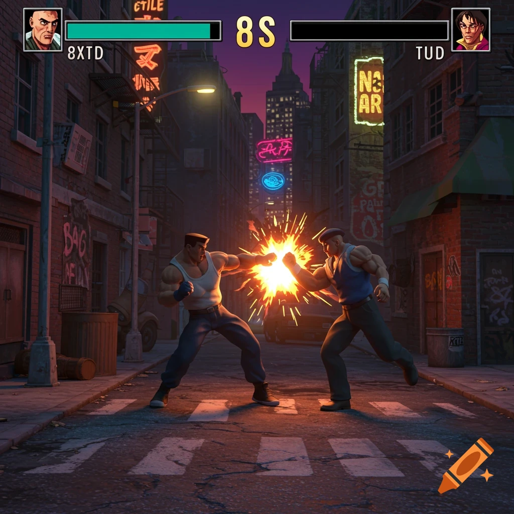 A 3D fighting game screenshot of two male characters punching on a city street at night with a game UI.