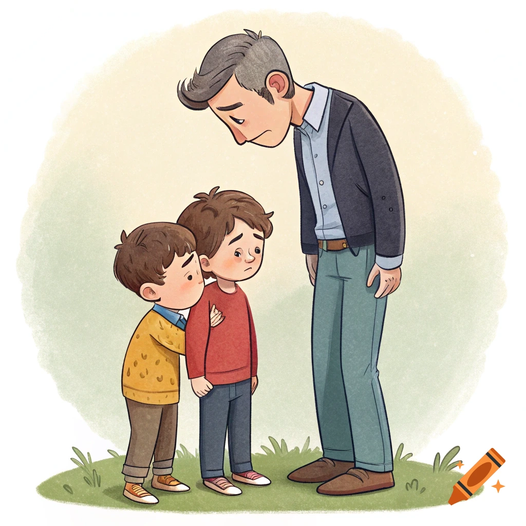 Cartoon illustration of a sad father figure looking down at two sad boys.