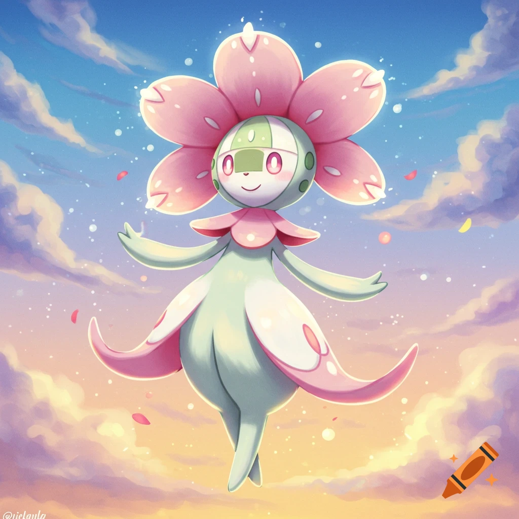 The Pokemon Eternal Floette against a cloudy sky.