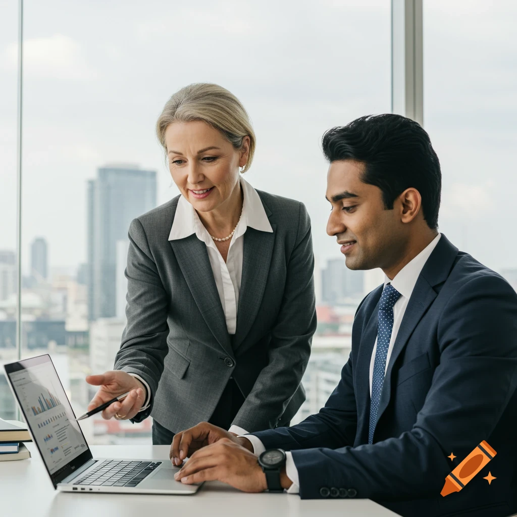 Two business people look at charts on a laptop in an office overlooking a city.