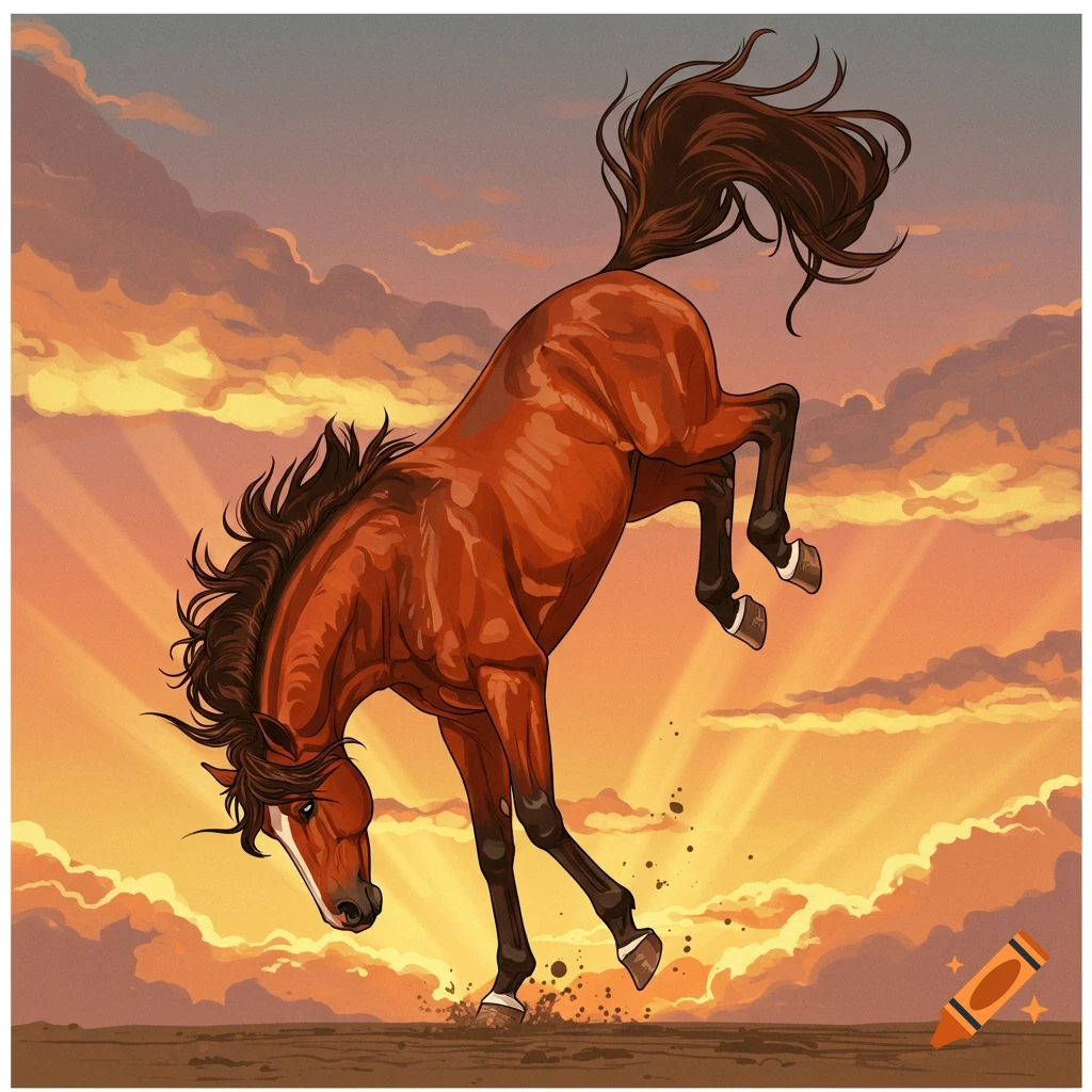 A brown horse bucks wildly against a vibrant orange sunset sky.