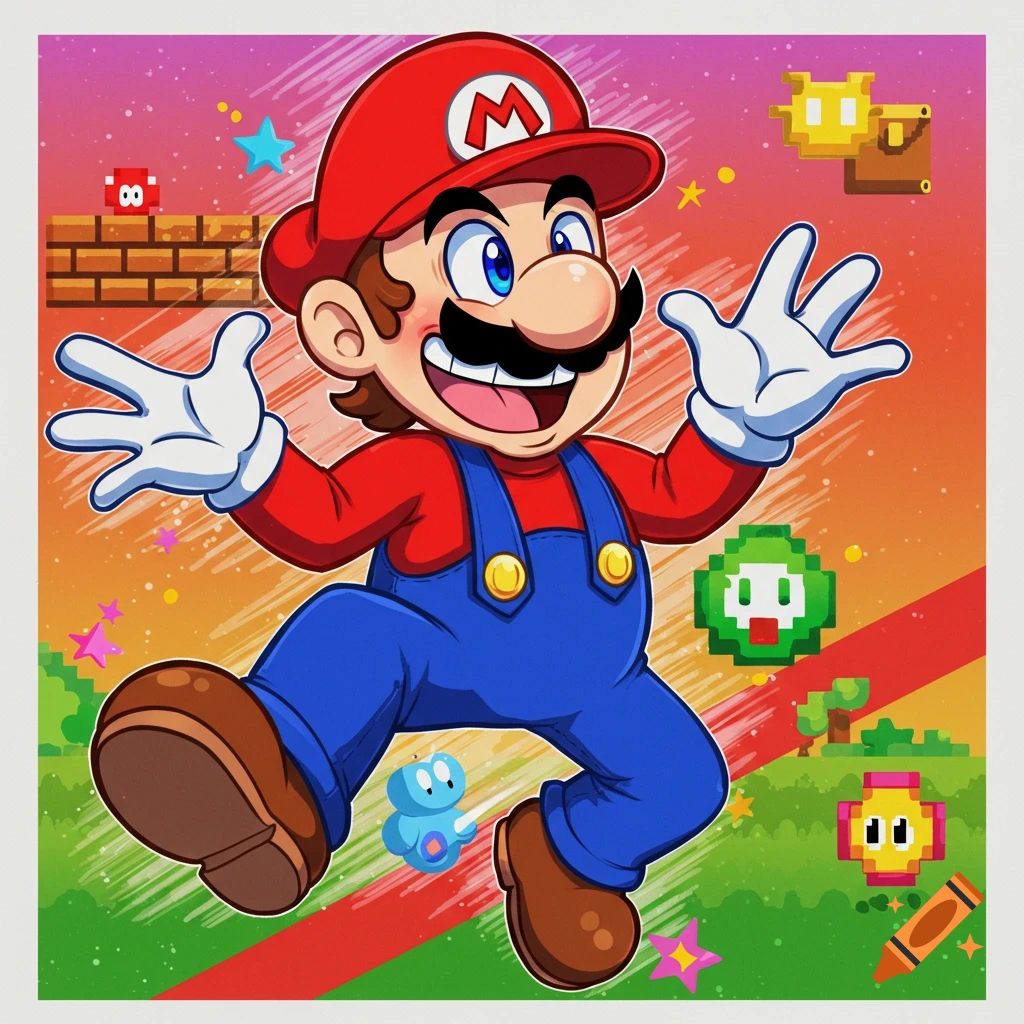 A cheerful cartoon character similar to Mario jumps, surrounded by pixelated game elements like blocks and enemies.