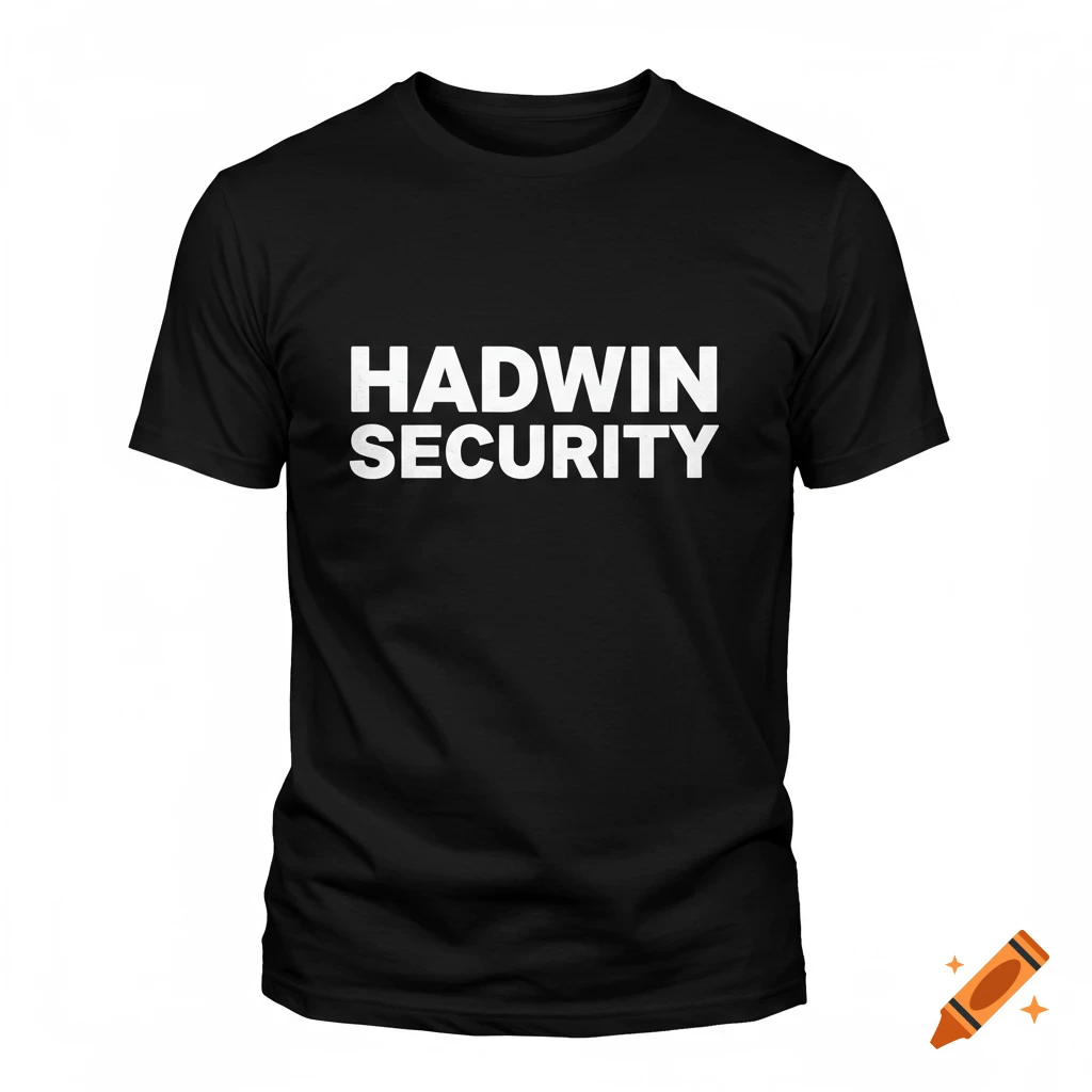 A black t-shirt with HADWIN SECURITY printed in large white text on the front.
