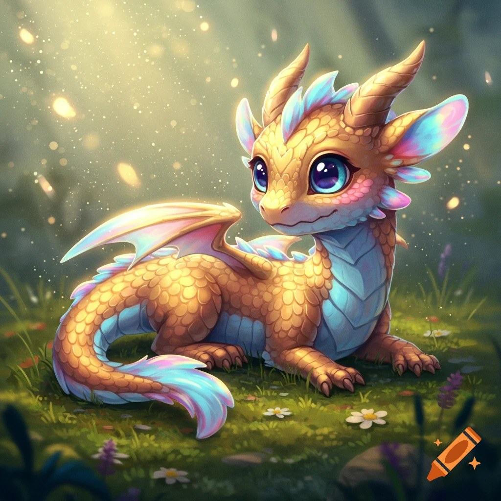 Cute baby dragon with gold, blue, and pink scales lying in a grassy field with flowers.