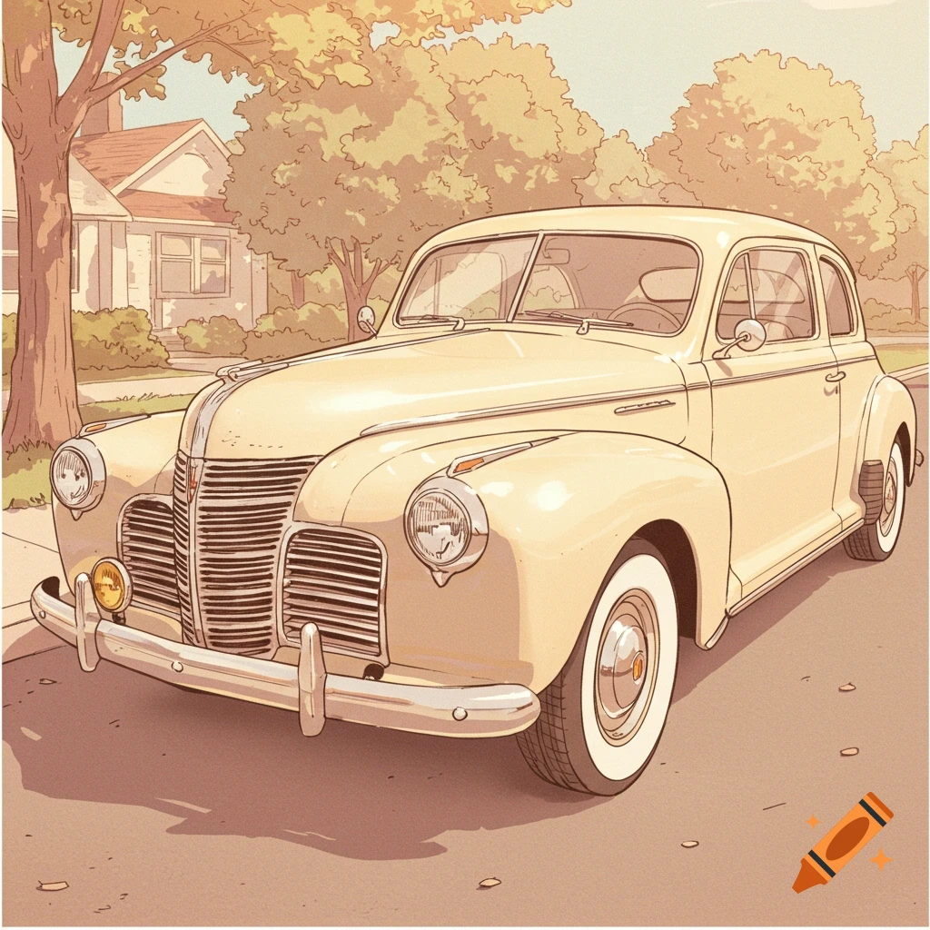 Warm aesthetic drawing of a cream vintage car parked on a street.