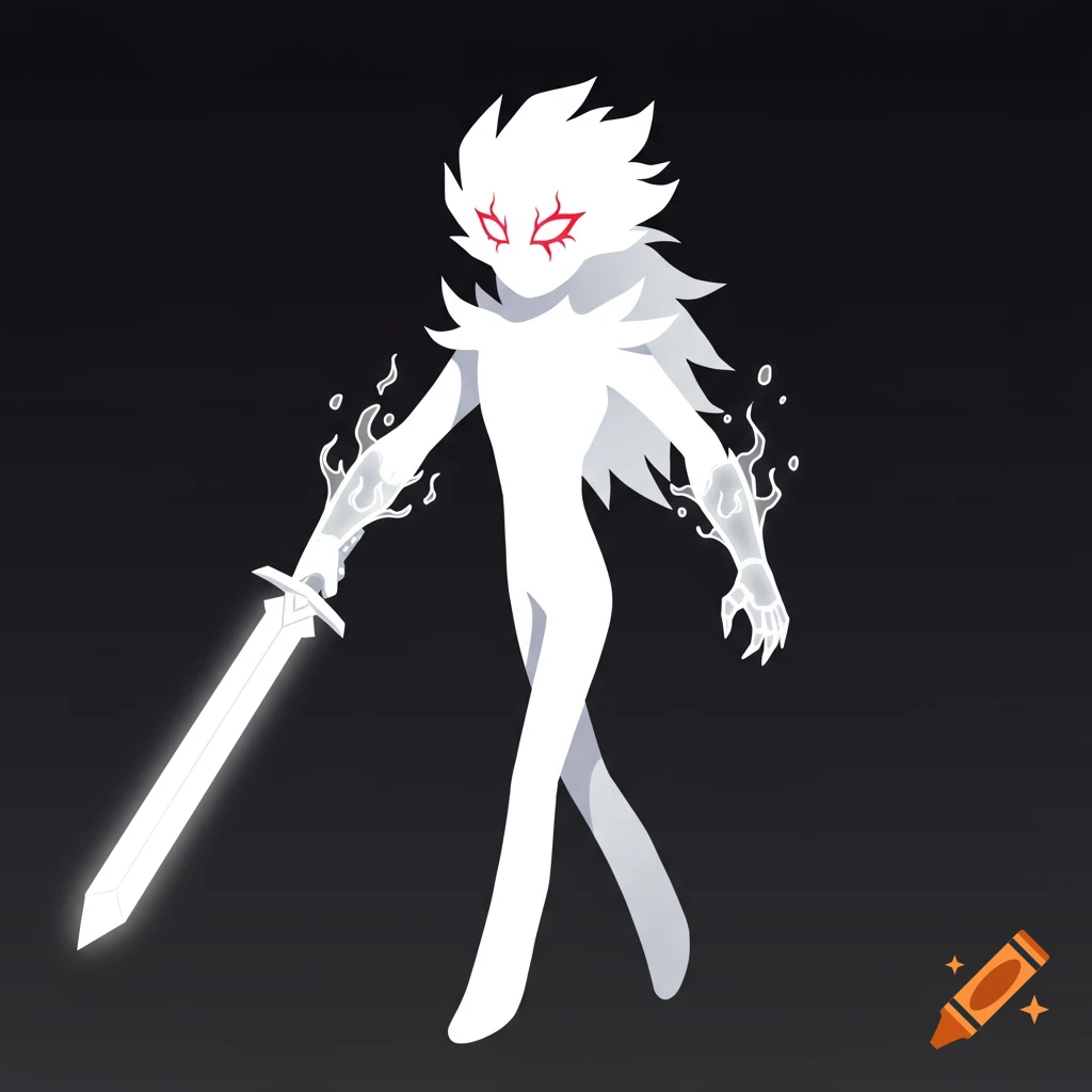 A stylized white glowing figure with red eyes and a sword stands against a dark background.