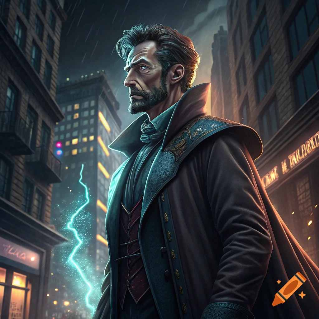 A stern man with a beard and coat stands in a rainy city street at night, blue lightning beside him.