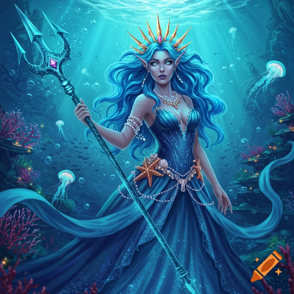 A sea queen with a trident underwater, surrounded by jellyfish and coral.