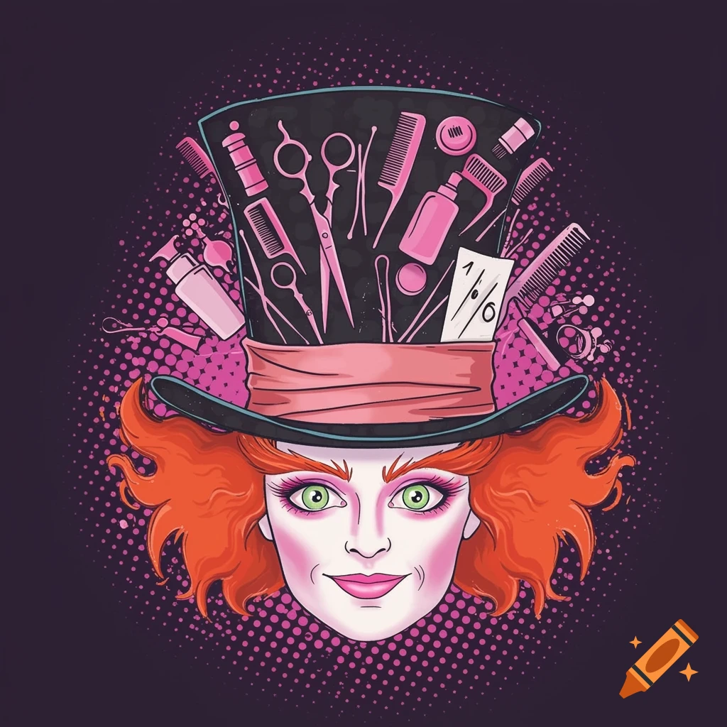 Stylized illustration of a face resembling the Mad Hatter wearing a top hat filled with cosmetology tools.