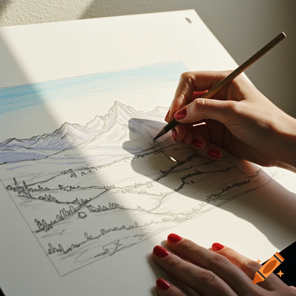 Close-up of hands drawing a landscape sketch with a pencil on white paper, with red nail polish.