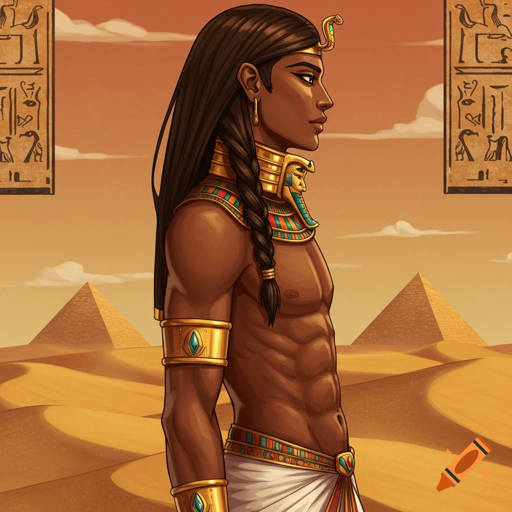 An Egyptian prince in a desert with pyramids and hieroglyphs.
