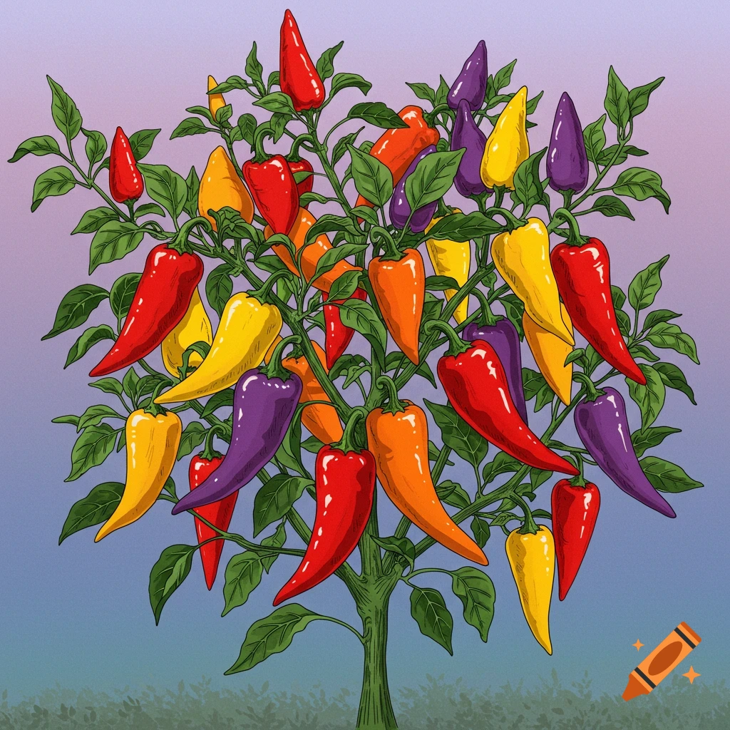 Multi-colored chili peppers are growing on a plant.