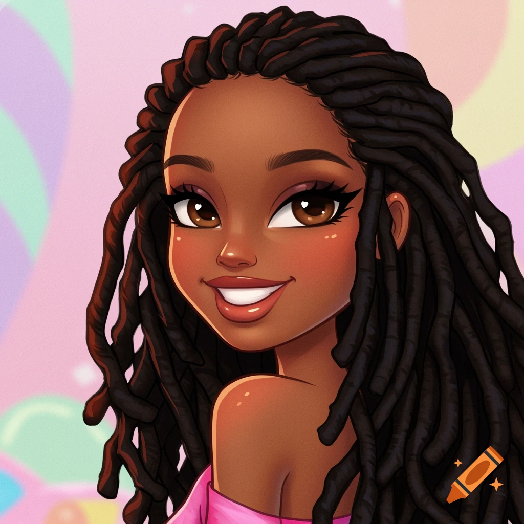 A cartoon portrait of a smiling girl with locs against a pastel background.