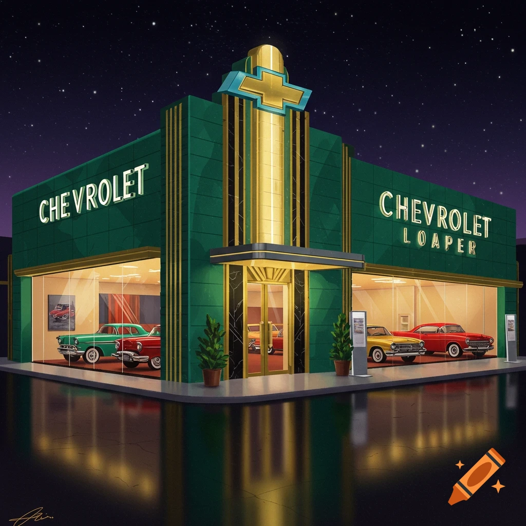 Art deco style Chevrolet dealership with classic cars under a starry sky.