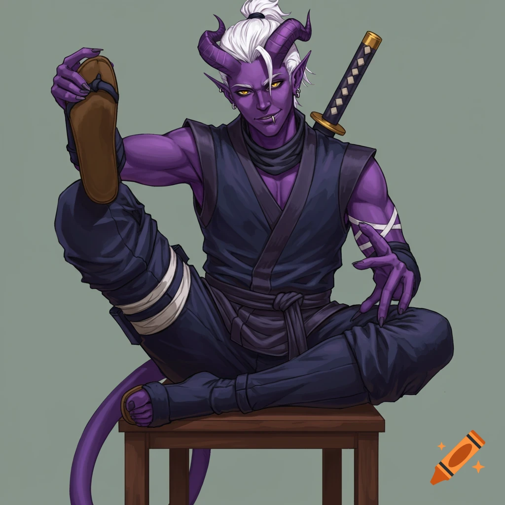 Purple-skinned tiefling male in ninja gear sits holding a sandal, looking at the viewer.