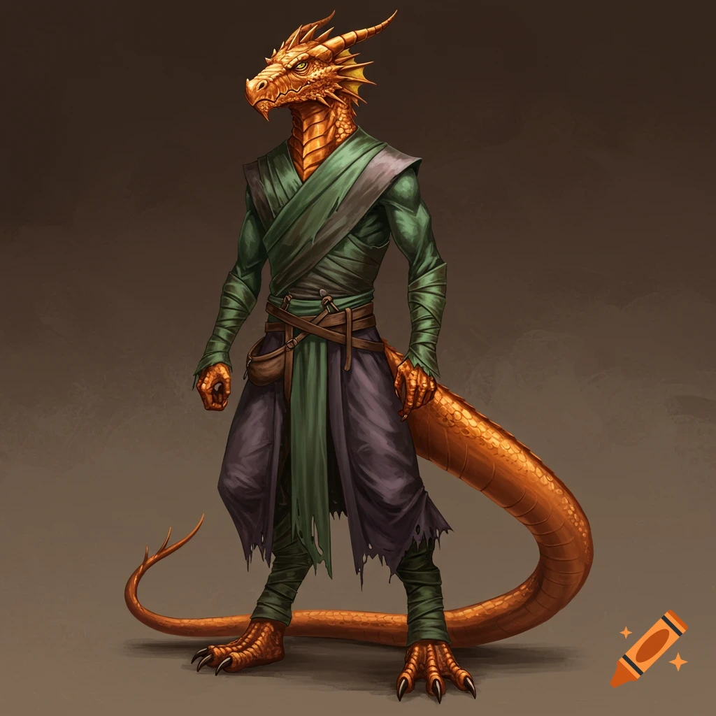 A thin, orange dragonborn in wrapped green and purple clothes.