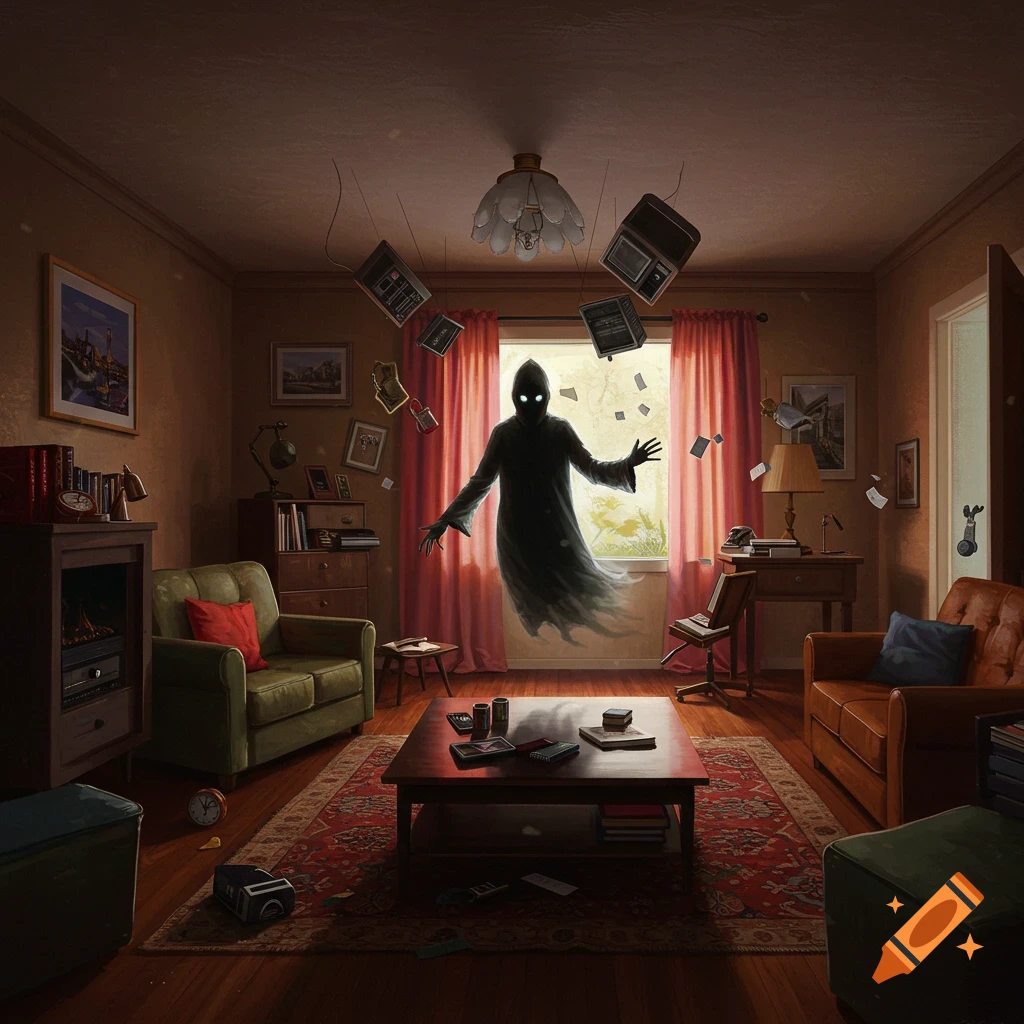 A shadowy ghost hovers in a vintage living room with floating objects.