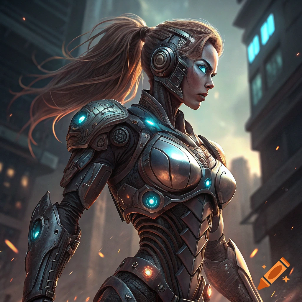 Female cyborg character in futuristic armor stands in a city.