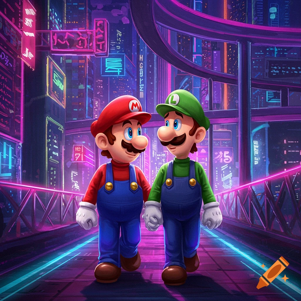 Mario and Luigi walk through a neon-lit cyberpunk city.