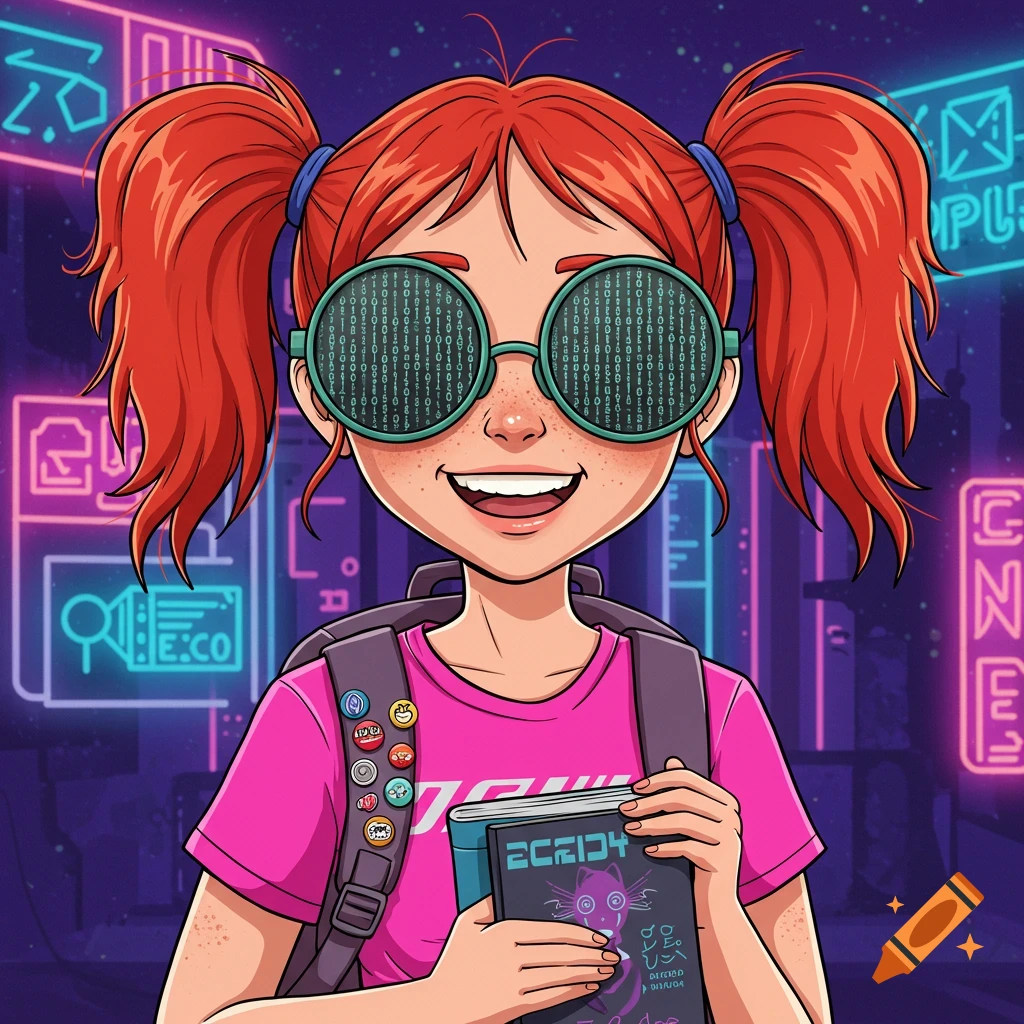 Vector graphic of a nerdy cartoon girl with red pigtails, freckles, binary code glasses, and a pink t-shirt, holding a book, standing in a cyberpunk cityscape with neon signs.