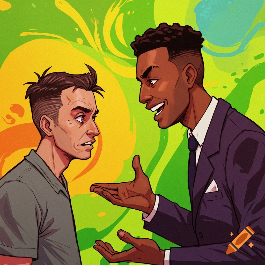 Two men, one looking concerned, the other animated and gesturing, in a stylized scene.