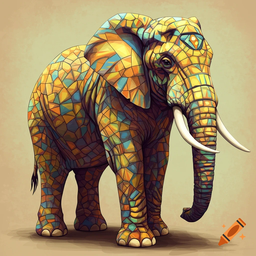 An elephant covered in colorful mosaic tiles.
