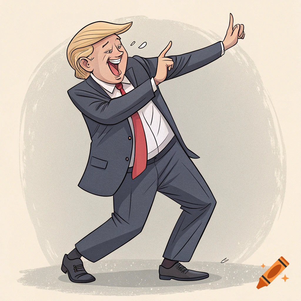 Cartoon illustration of Donald Trump doing a dance move.