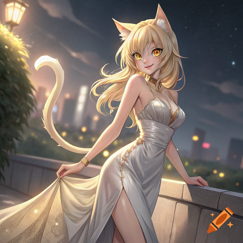 Anime catgirl in a white dress on a balcony overlooking a city at night.
