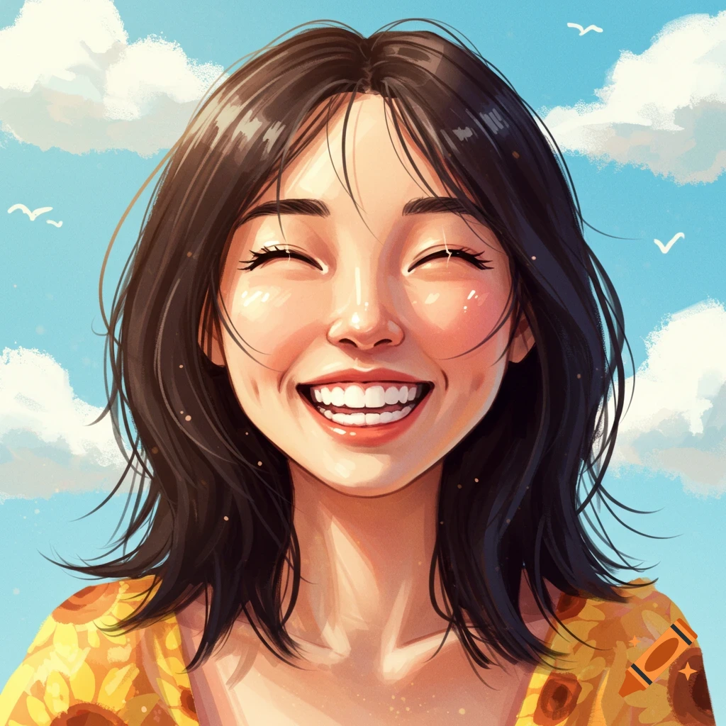A happy woman smiles with eyes closed outdoors under a blue sky with clouds. She wears a yellow top with sunflowers.