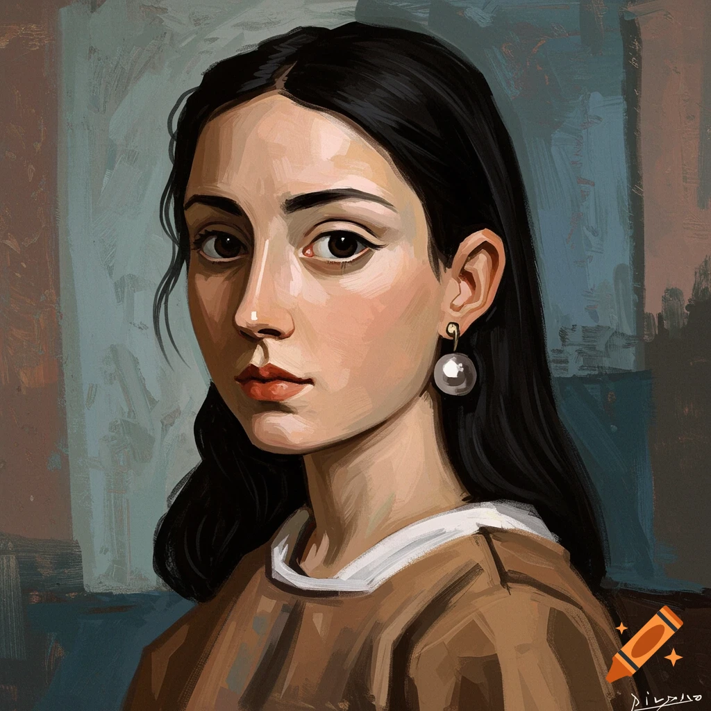 Painted portrait of a young woman with dark hair and a pearl earring in a style reminiscent of Picasso.