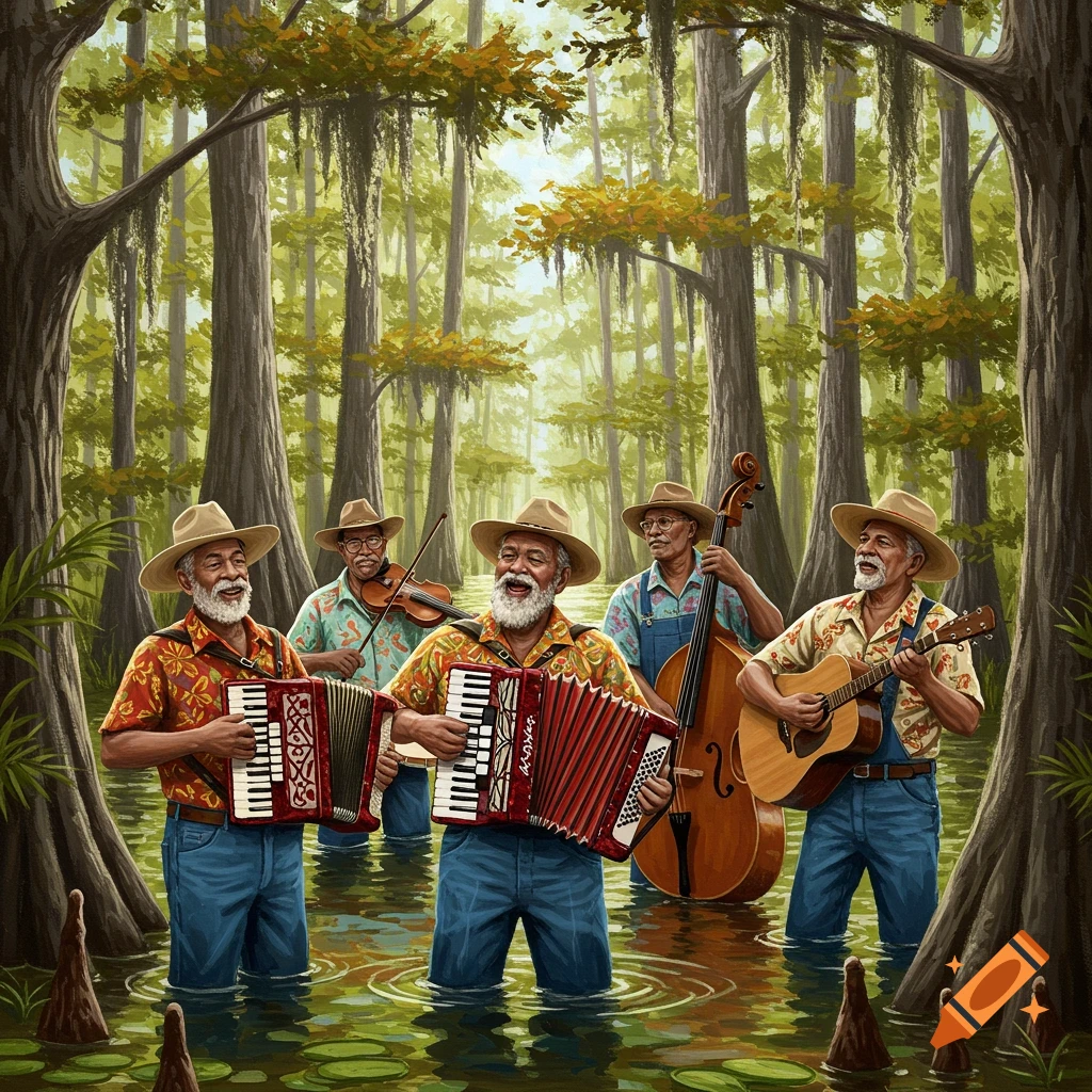 Cajun band playing music in a swamp