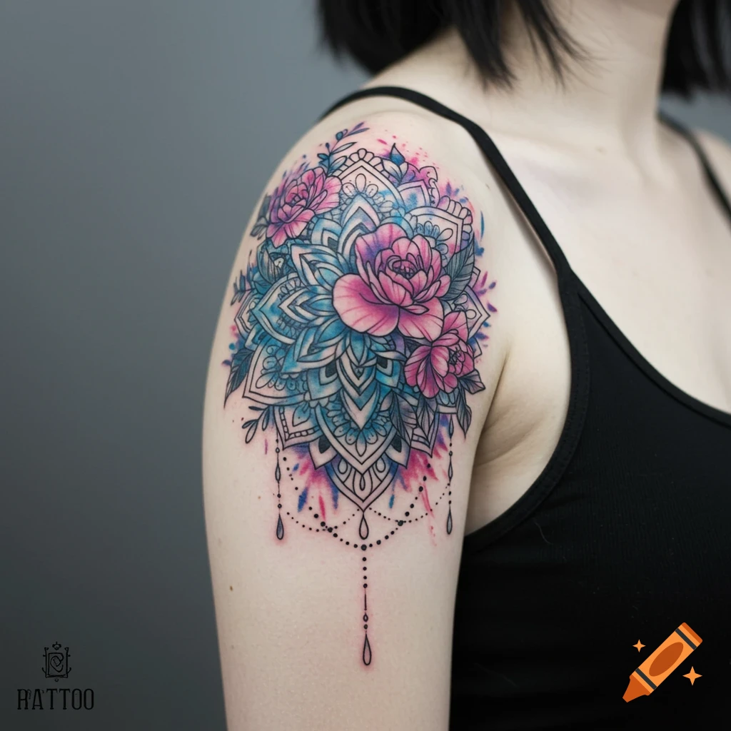 Watercolor style mandala and floral tattoo on a shoulder.
