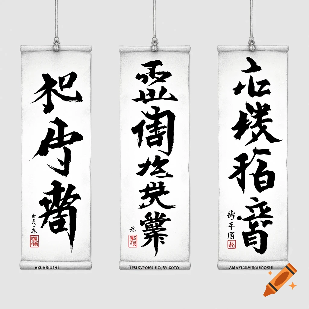 Three hanging scrolls with Japanese calligraphy and English text below.