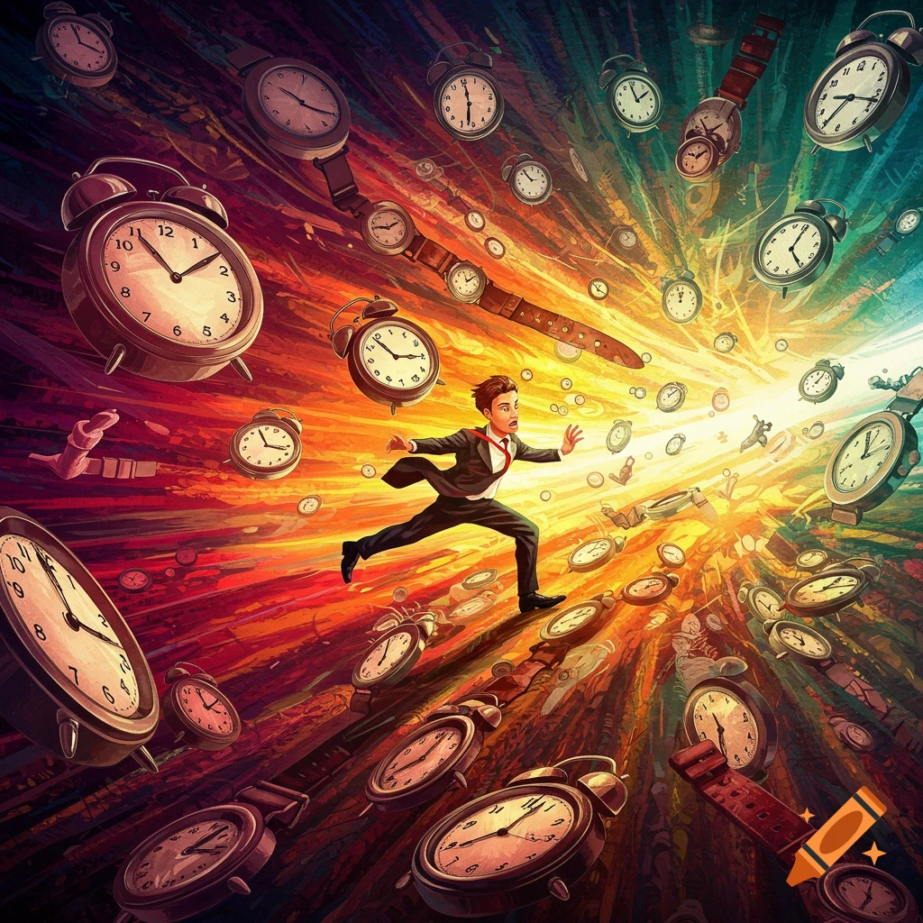 A man running through a swirling vortex of clocks