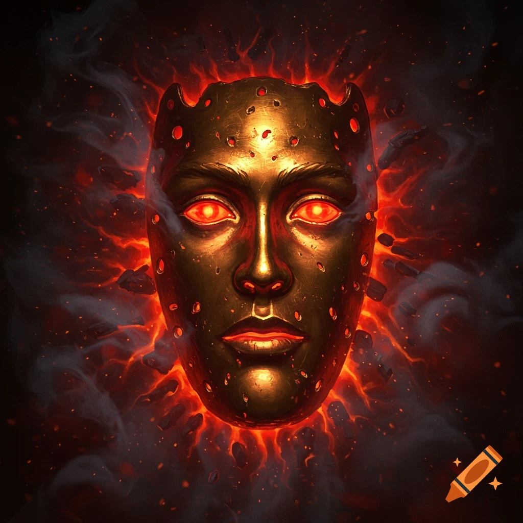 A brass mask with glowing red eyes surrounded by fire, embers, and smoke.