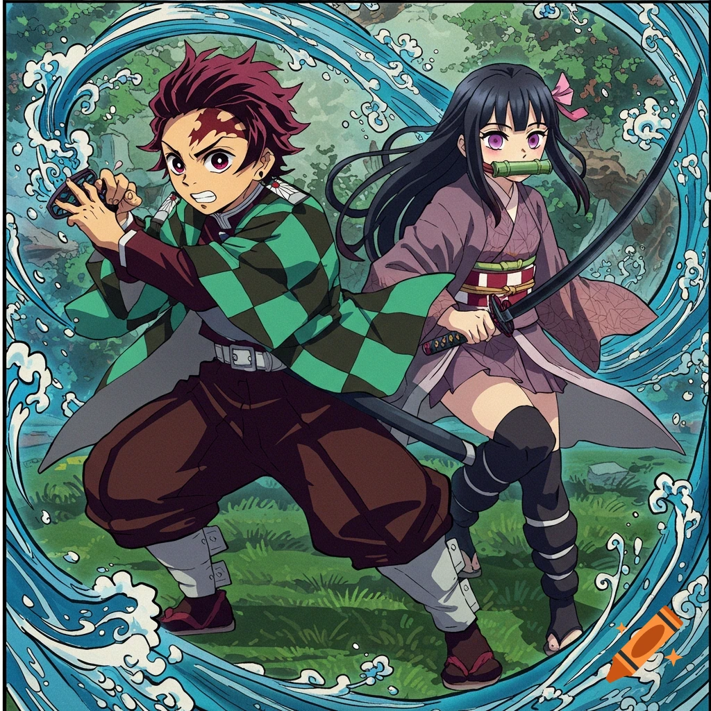 Anime illustration of Tanjiro and Kanao from Demon Slayer with swords and water effects