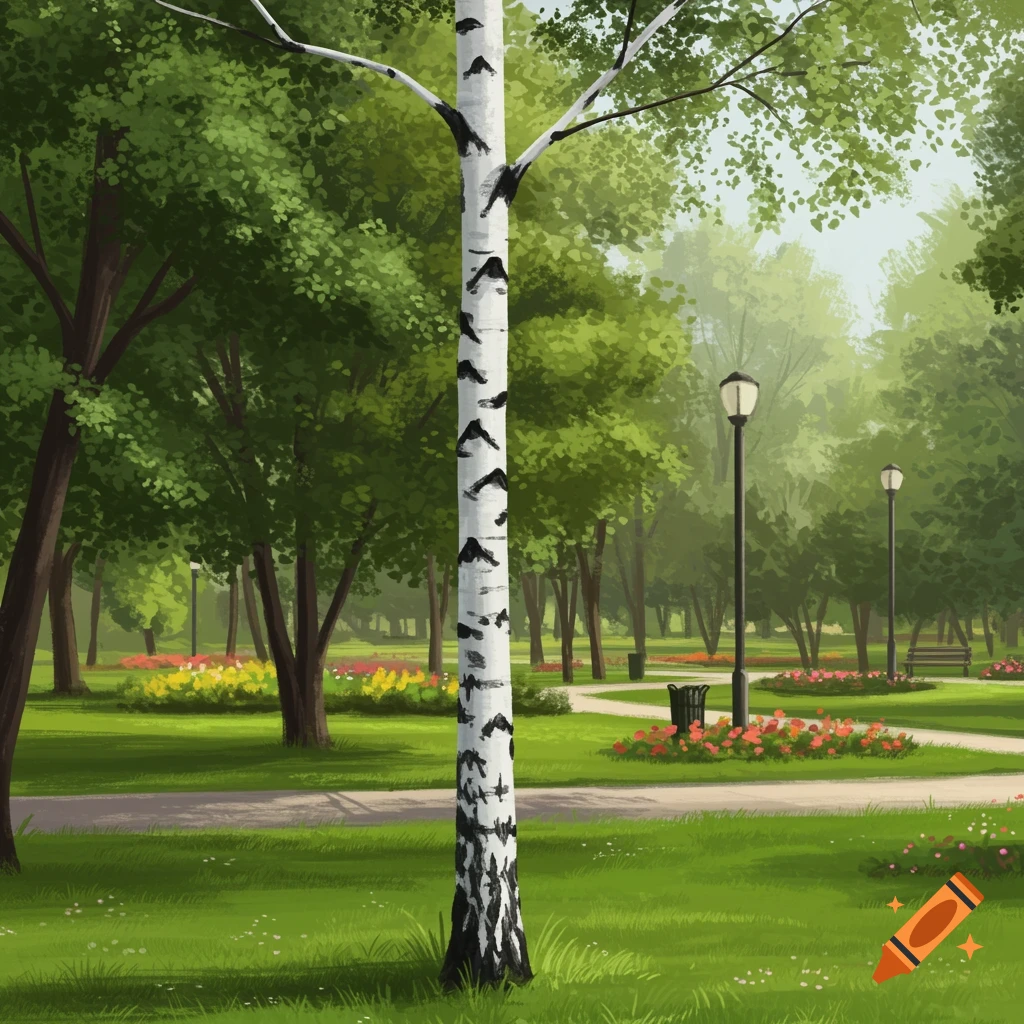 A birch tree in a park with flowers, a path, and lamp posts.