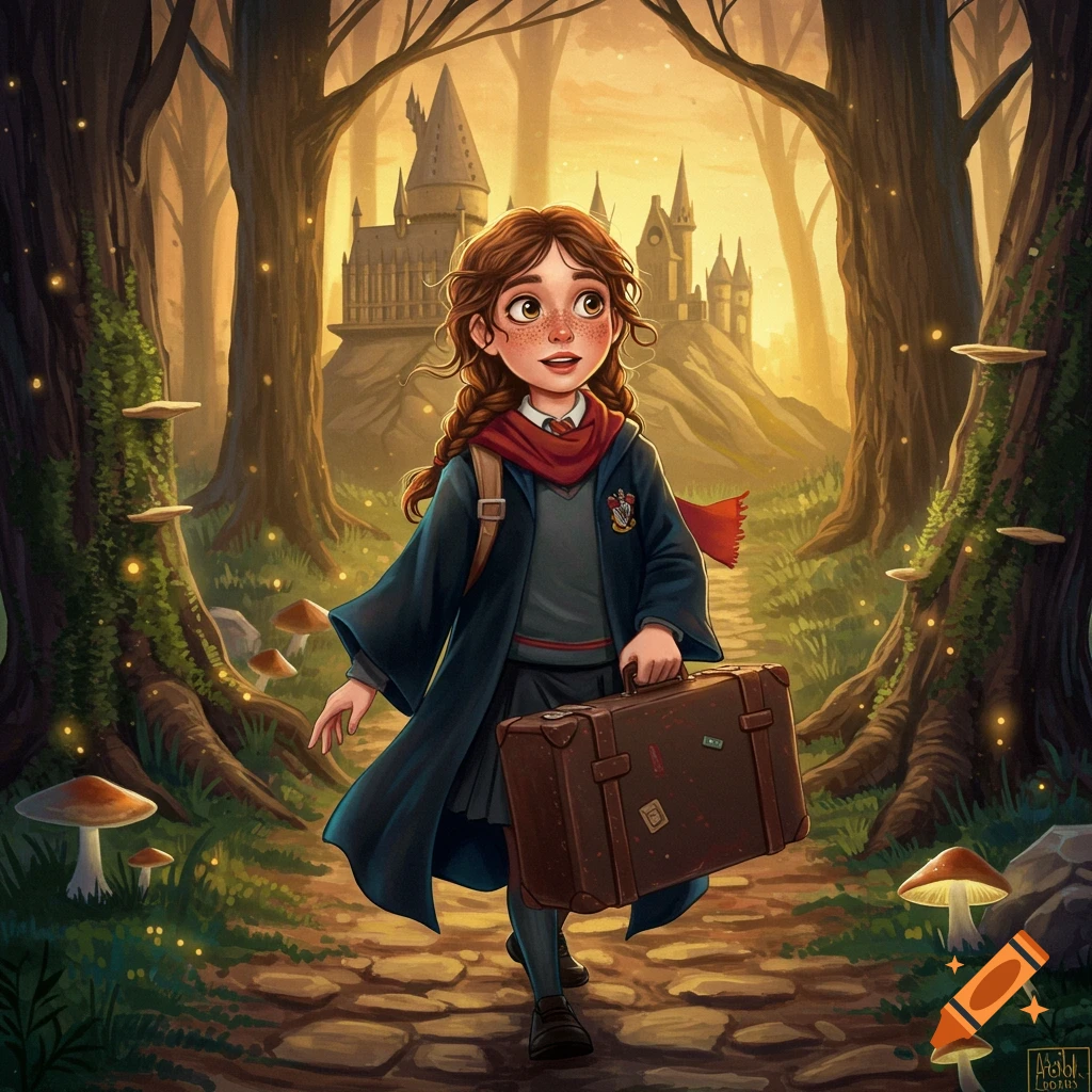 A young girl in a wizard's robe walks on a forest path toward a castle, carrying a suitcase.