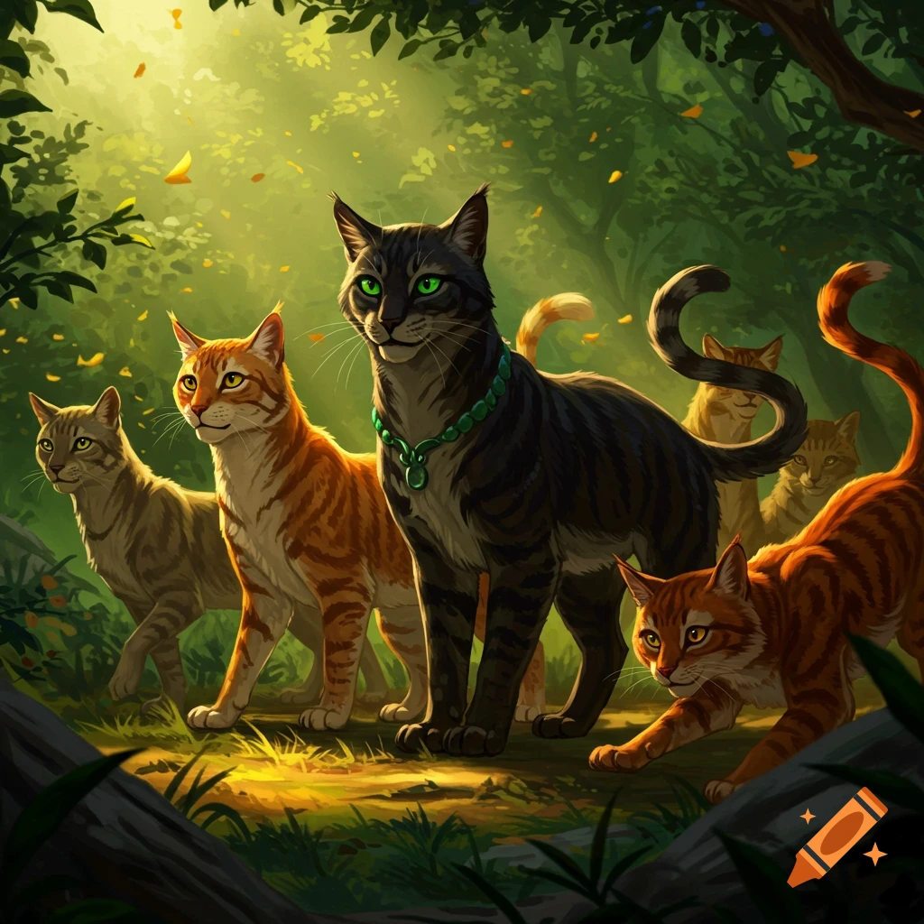 Several cats in a sunlit forest clearing.