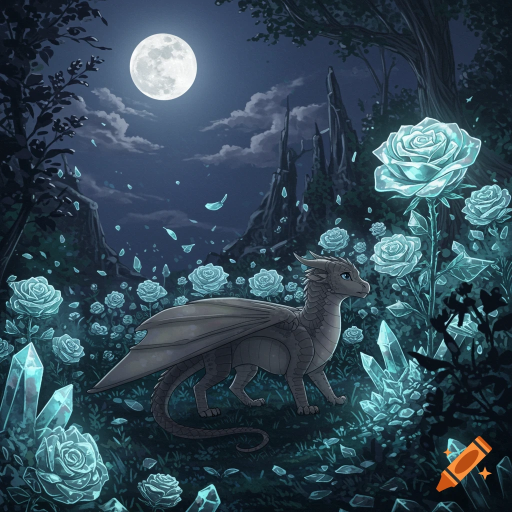 Mistwing in a Garden of Glass Roses under a silver moon on Craiyon