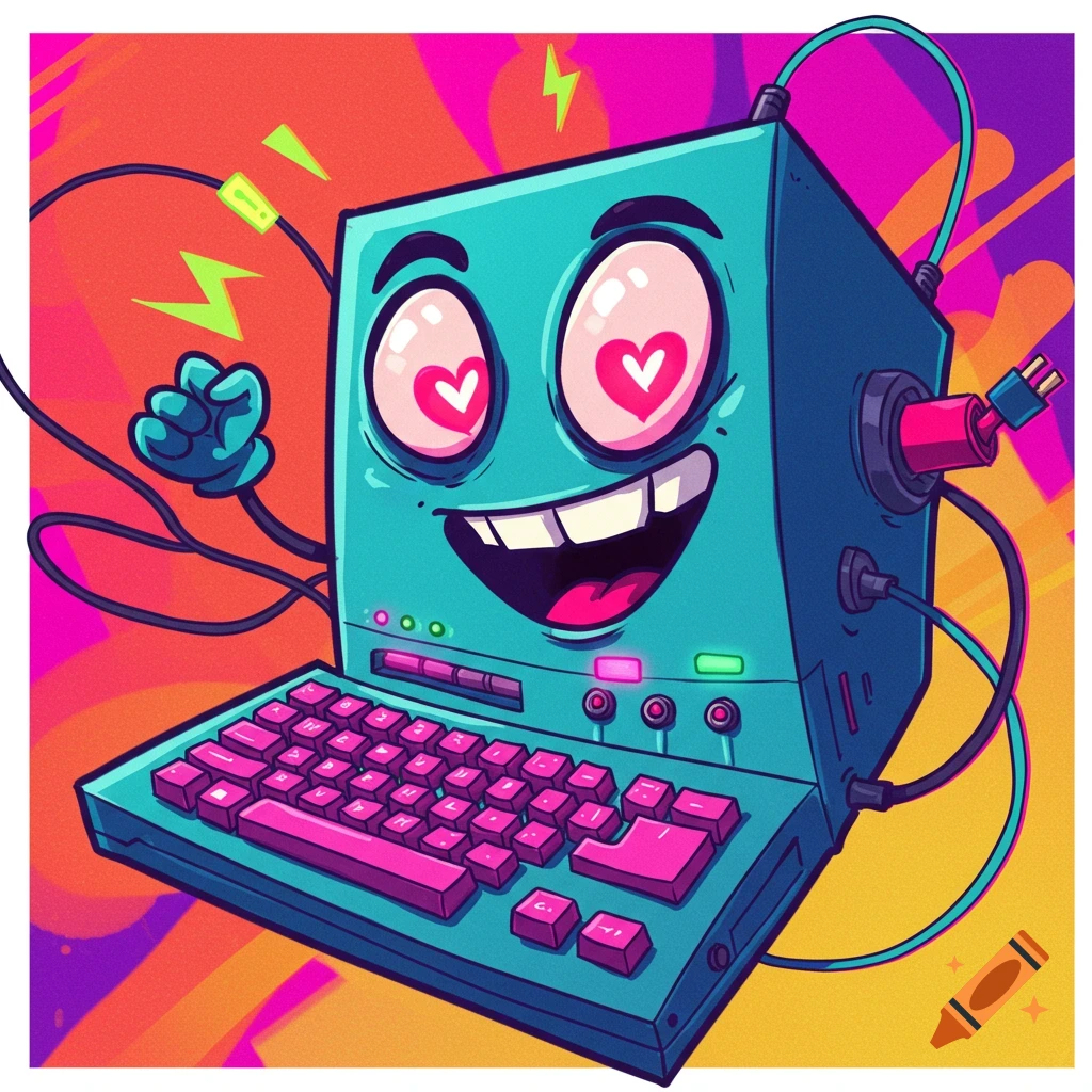 A cartoon computer character with pink heart eyes and a big smile sits in front of a pink keyboard on a colorful background.