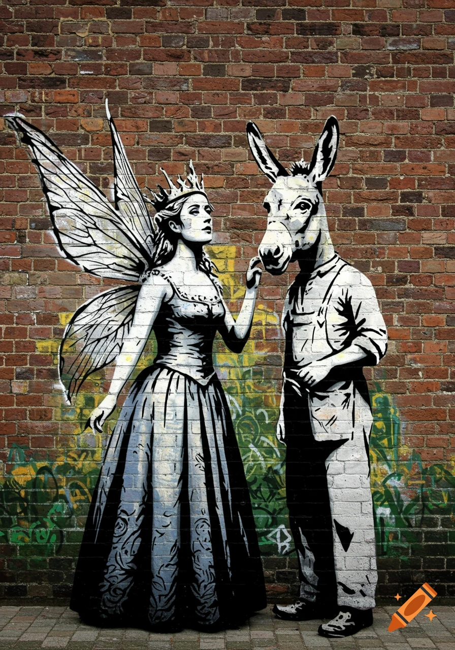 Graffiti artwork of a fairy queen and a man with a donkey head on a brick wall.