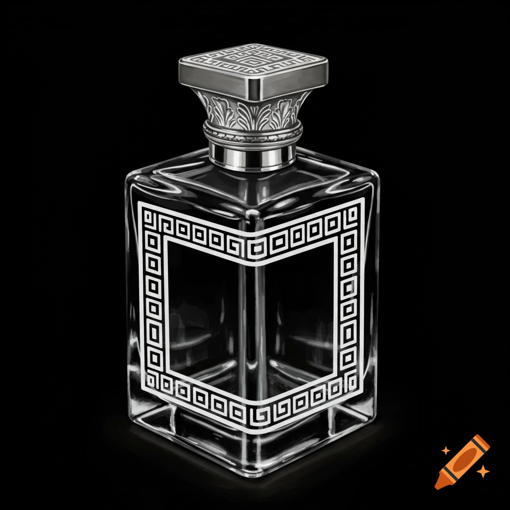 A square glass perfume bottle with a white meander border and silver cap on a black background.