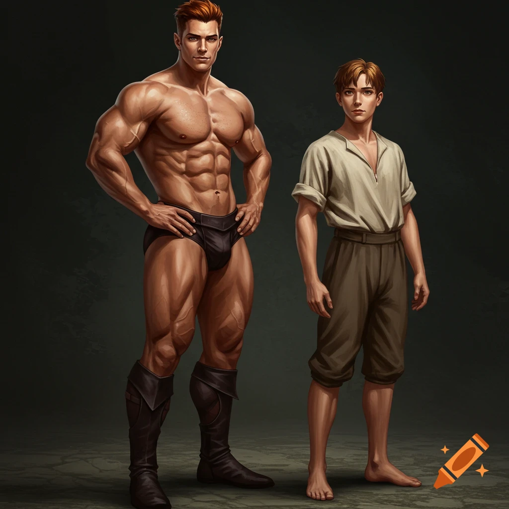 A muscular man in black briefs is standing next to a younger man wearing a shirt and shorts.