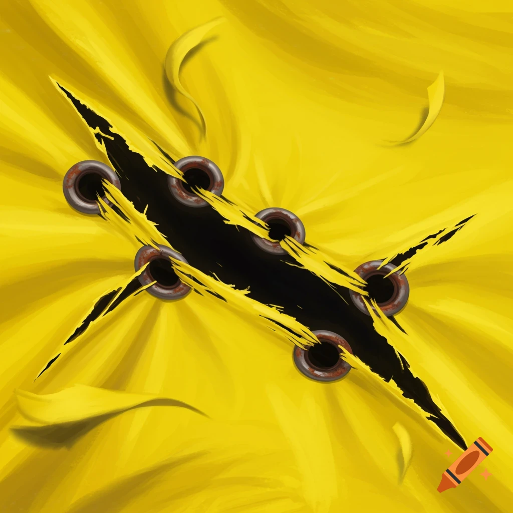 A vibrant yellow fabric tears around rusty metal grommets.