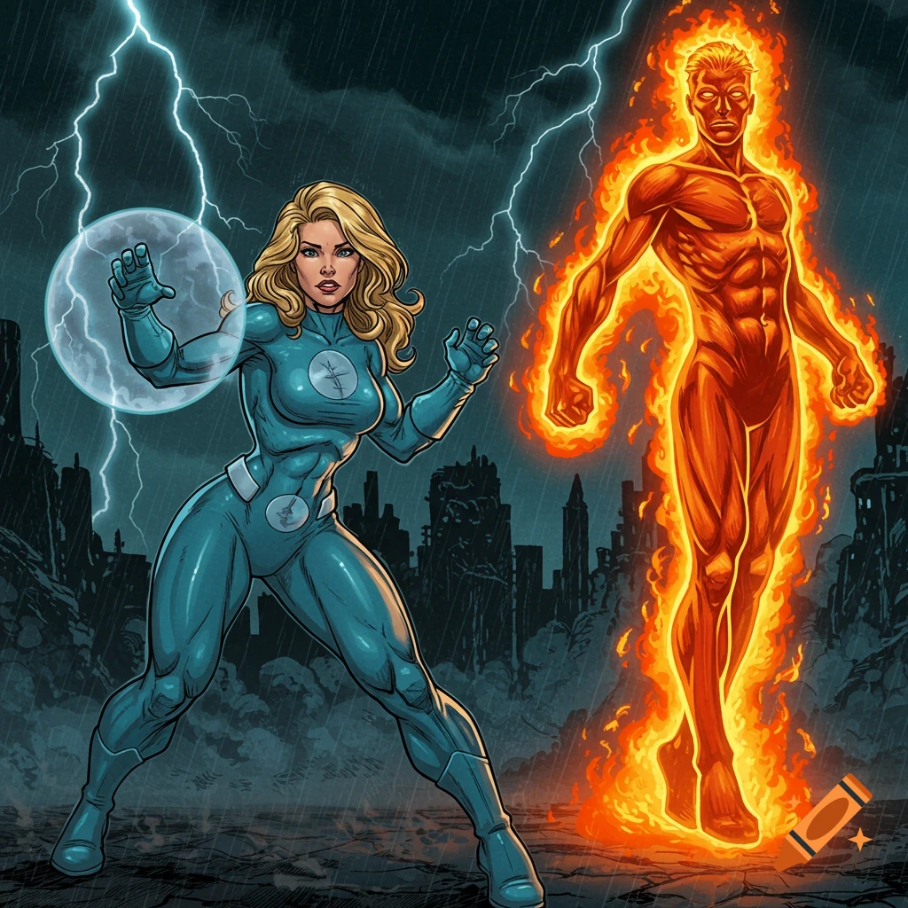 Invisible Woman and Human Torch pose against a stormy, destroyed city background in a dynamic comic art style.