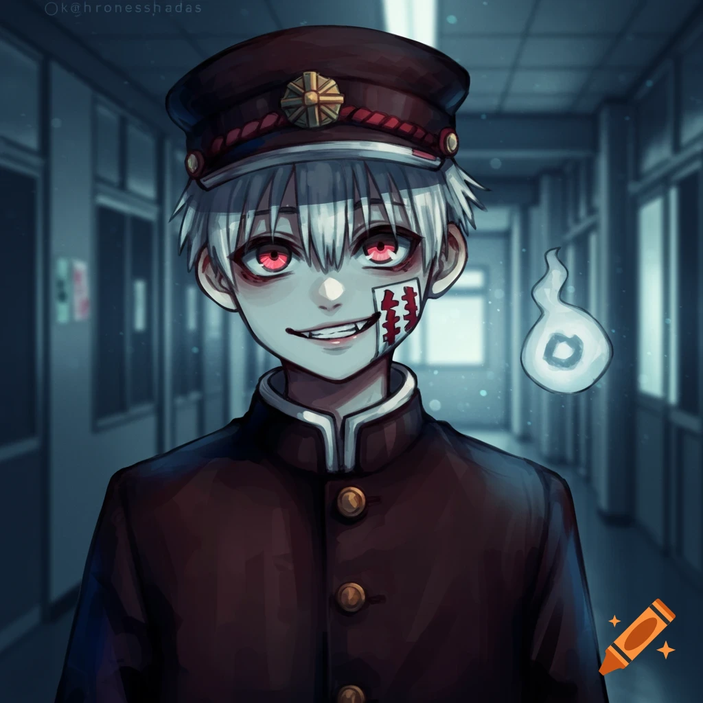 An anime character with white hair, red eyes, and a school uniform stands in a hallway with a floating spirit.