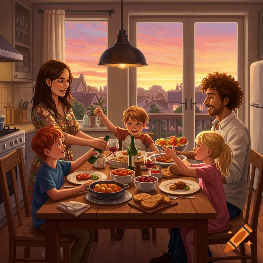 A family shares dinner at a table in a kitchen with a view of a sunset.
