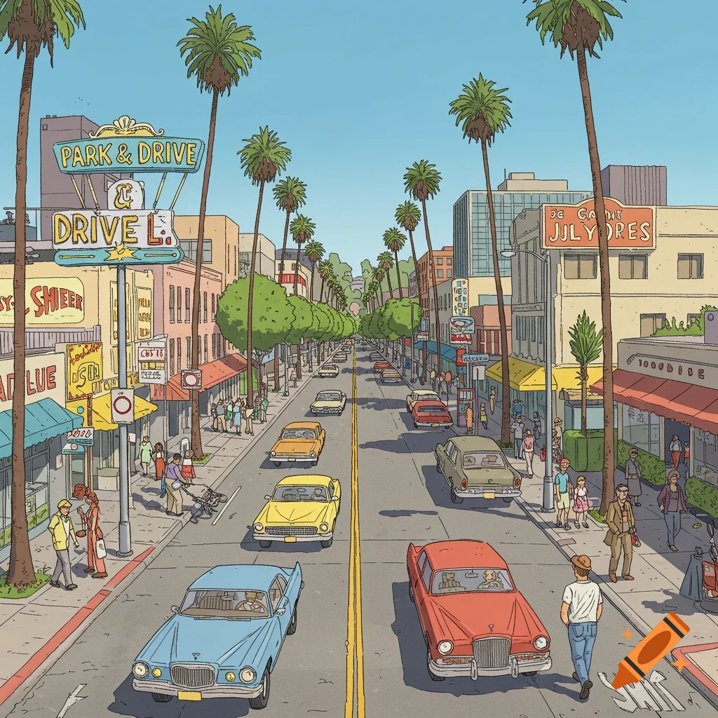 Stylized illustration of a city street with cars, people, and palm trees.